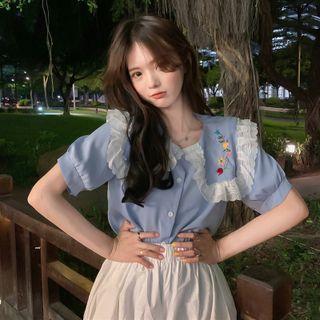 Lace Trim Collar Floral Embroidered Blouse