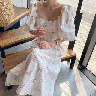 Puff Short-sleeve Midi A-line Dress As Shown In Figure - One Size