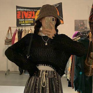 Tasseled Pointelle Knit Top / Patterned Wide Leg Pants
