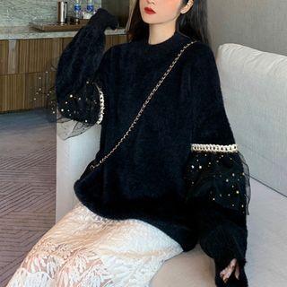 Rhinestone Mesh Panel Sweater