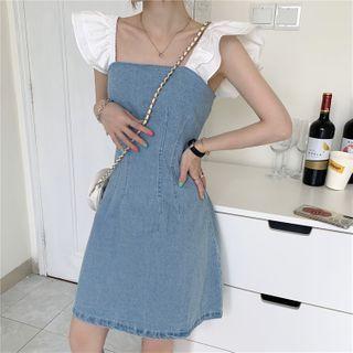 Ruffled Sleeveless Mini A-line Denim Dress