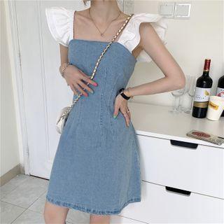 Ruffled Sleeveless Mini A-line Denim Dress