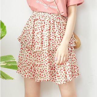 Cherry Print Mini Layered Skirt Red - One Size