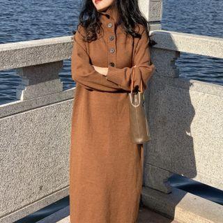 Long-sleeve Turtleneck Henley Knit Midi Dress