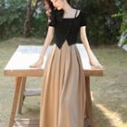 Set: Short-sleeve Asymmetrical Button-up T-shirt + Midi A-line Skirt