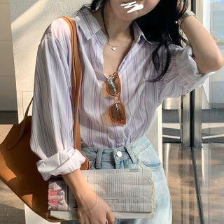 Long-sleeve Polo Collar Striped Shirt Stripe - Purple Shirt - One Size
