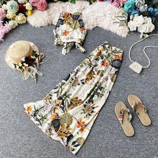 Set: Floral Print Cropped Camisole + High-waist Skirt