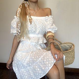 Set: Eyelet Lace Off-shoulder Short-sleeve Crop Top + Skirt