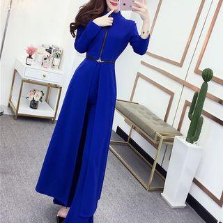 Set: Long-sleeve Midi Slit Dress + Boot-cut Pants