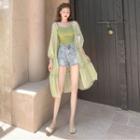 Open Front Tiered Long Chiffon Top / Denim Hot Pants / Knit Camisole