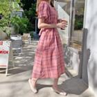 Square-neck Plaid Dress Pink - One Size