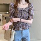Floral Print Puff-sleeve Crinkle Blouse