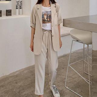 Set: Short-sleeve Single-breasted Blazer + Straight-cut Cropped Pants