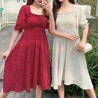 Elbow-sleeve Frill Trim Polka Dot A-line Midi Dress
