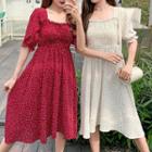 Elbow-sleeve Frill Trim Polka Dot A-line Midi Dress