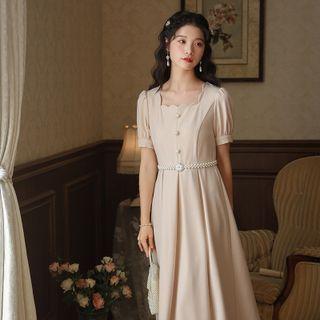 Puff-sleeve Scallop Edge Midi A-line Dress