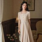 Puff-sleeve Scallop Edge Midi A-line Dress