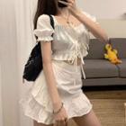 Set: Puff-sleeve Ruffled Cropped Blouse + Mini A-line Skirt