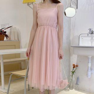 Set: Long-sleeve Faux Fur Top + Sleeveless A-line Mesh Dress