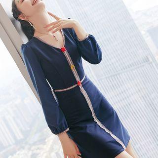 Puff-sleeve Contrast Button A-line Dress