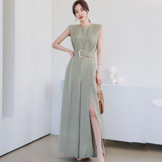 Set: Sleeveless Plain Jumpsuit + Belt
