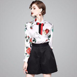 Set; Floral Print Shirt + Plain Shorts