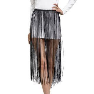 Long Fringed Chain Belt 398 - Black - One Size