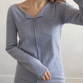 Pinstriped Pocket Detail Long-sleeve T-shirt