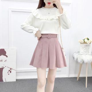 Set: Ruffled Plain Blouse + Pleated Skirt