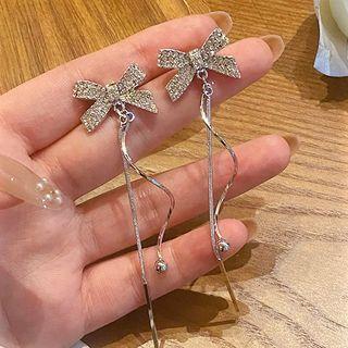 Rhinestone Bow Drop Earring 1 Pair - 925 Silver - Silver - One Size