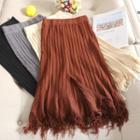 Frayed Hem Knitted Midi A-line Skirt