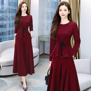 Set: Lace Up Peplum Blouse + Midi A-line Skirt