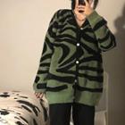 V-neck Zebra Print Knit Cardigan As Figure - One Size