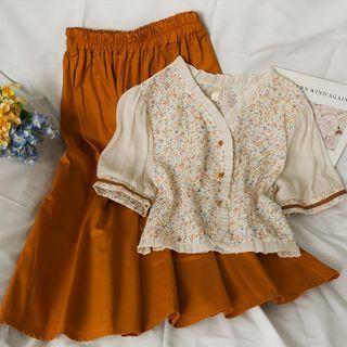 Set: Patchwork Ruffled-edge Floral Shirt + Midi Skirt