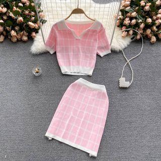 Set Of 2 : Plaid Short-sleeve Knit Top + Plaid High-waist Skirt