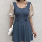 Puff-sleeve Two-tone Panel Swimdress
