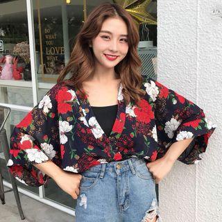 Set: Camisole Top + Elbow-sleeve Floral Print Chiffon Top