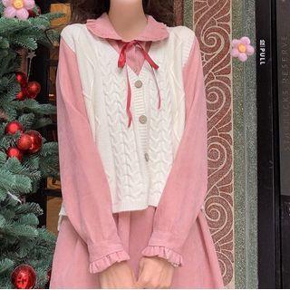 Collared Long-sleeve A-line Dress / Single-breasted Knit Vest