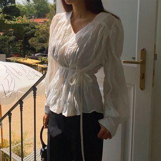 V-neck Tie-waist Crinkled Blouse