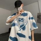 Elbow-sleeve Tie-dyed Cloud Print T-shirt
