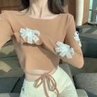 Lace Accent Long-sleeve T-shirt Khaki - One Size