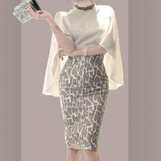 Set: Split-sleeve Top + Fitted Skirt + Necklace