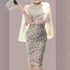 Set: Split-sleeve Top + Fitted Skirt + Necklace