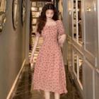 Dotted Square-neck Short-sleeve Midi A-line Dress Dotted - Pink - One Size