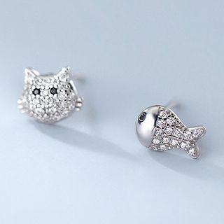 Cat & Fish Rhinestone Sterling Silver Asymmetrical Earring