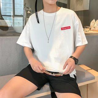 Elbow-sleeve Letter Applique T-shirt