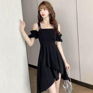 Short-sleeve Off-shoulder Plain Asymmetric Dress