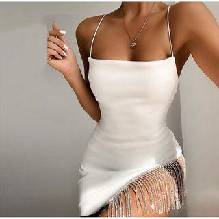 Rhinestone Fringed Trim Spaghetti Strap Mini Sheath Dress