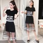 Set: Lettering Short-sleeve T-shirt + Mesh Overlay Midi A-line Skirt