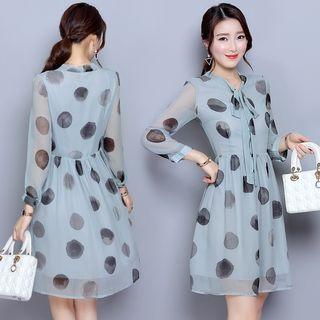 3/4-sleeve Dotted A-line Chiffon Dress